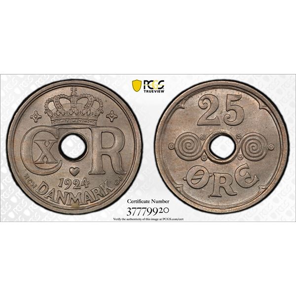 DENMARK: Christian X, 1912-1947, 25 ore, 1924. PCGS MS66