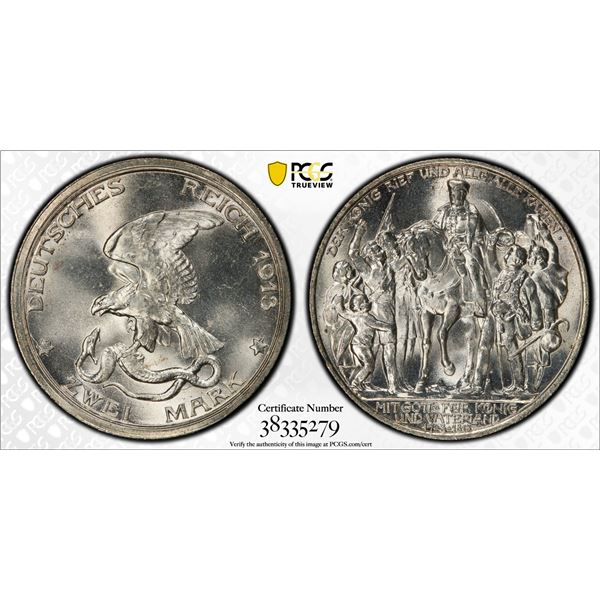 PRUSSIA: Wilhelm II, 1888-1918, AR 2 mark, 1913. PCGS MS65