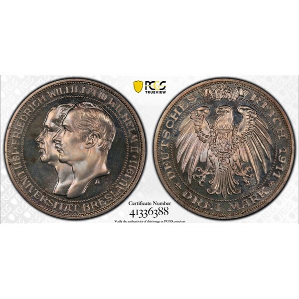 PRUSSIA: Wilhelm II, 1888-1918, AR 3 mark, 1911-A. PCGS PF64