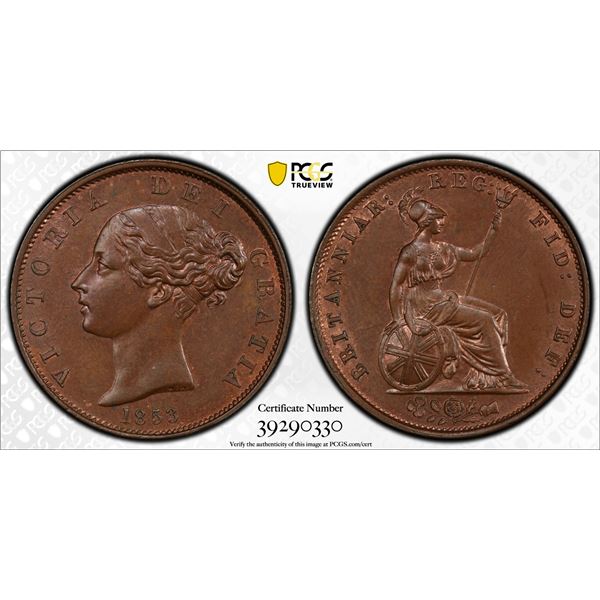 GREAT BRITAIN: Victoria, 1837-1901, AE halfpenny, 1853. PCGS MS64
