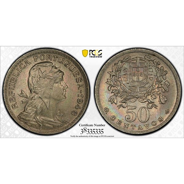 PORTUGAL: Republic, 50 centavos, 1946, KM-577, scarce date in mint state, PCGS graded MS64