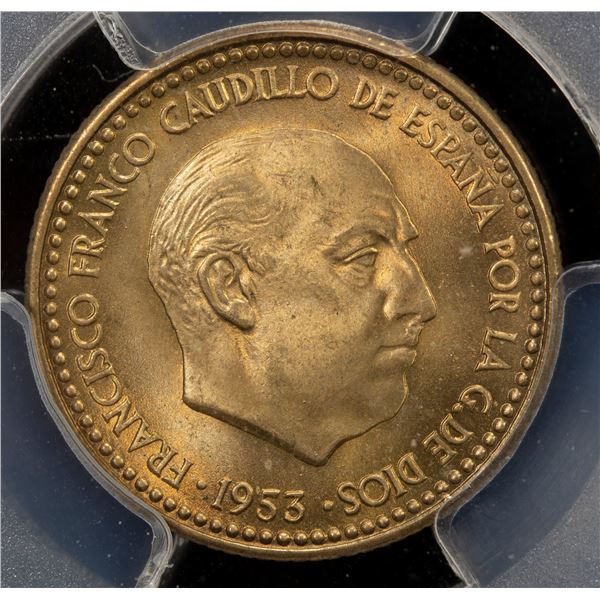 SPAIN: Francisco Franco, as Caudillo, 1947-1975, peseta, 1953(54). PCGS MS65