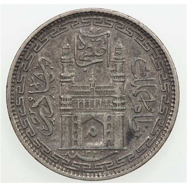 INDIA: HYDERABAD: Mir Mahbub Ali Khan II, 1869-1911, AR 8 annas, AH1328 year 44. VF