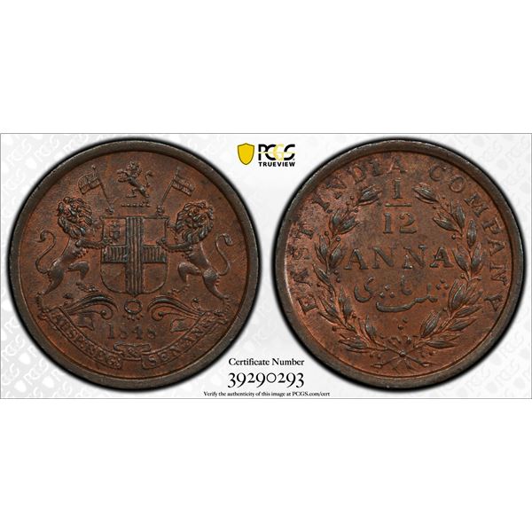 BRITISH INDIA: Victoria, Queen, 1837-1876, AE 1/12 anna, 1848(c). PCGS MS64