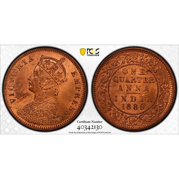 BRITISH INDIA: Victoria, Empress, 1876-1901, AE 1/4 anna, 1889(c)