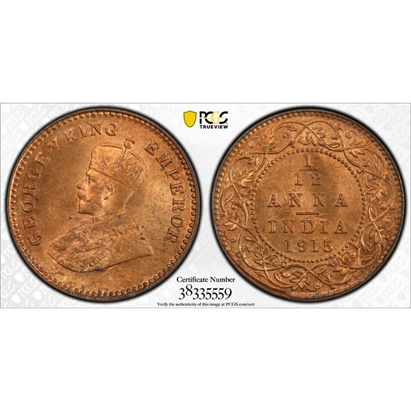 BRITISH INDIA: George V, 1910-1936, AE 1/12 anna, 1915(c). PCGS MS66