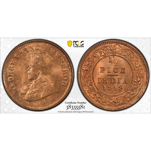 BRITISH INDIA: George V, 1910-1936, AE 1/2 pice, 1919(c). PCGS MS65