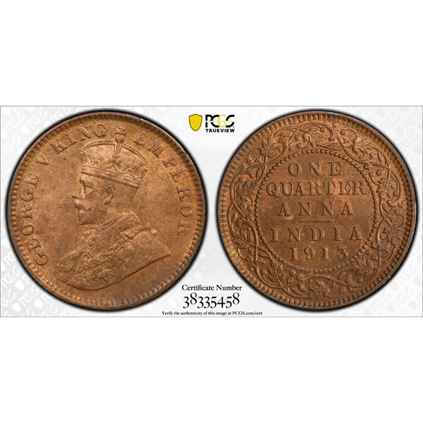 BRITISH INDIA: George V, 1910-1936, AE 1/4 anna, 1913(c). PCGS MS63