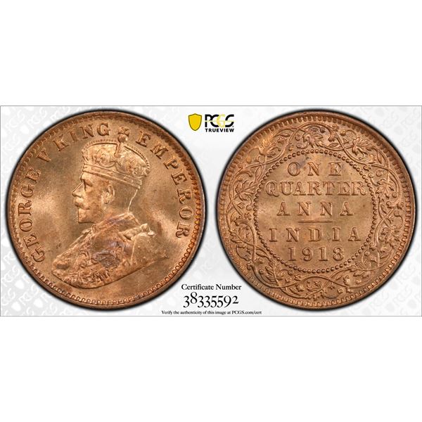 BRITISH INDIA: George V, 1910-1936, AE 1/4 anna, 1918(c). PCGS MS66