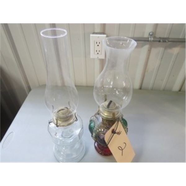 2 OIL LAMPS WITH CHIMNEYS