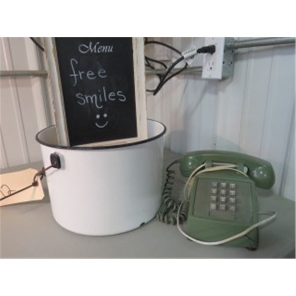 OLD PHONE, ENAMEL POT, FREE SMILES SIGN
