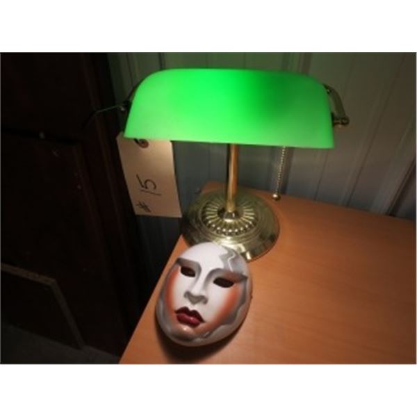 GREEN BANKER'S LAMP, PORCELAIN MASK