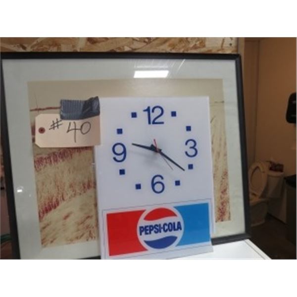 PEPSI CLOCK & FRAMED FARM PICTURE
