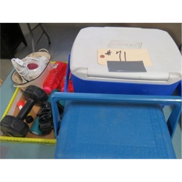2 COOLERS, SMALL WEIGHTS, ETC
