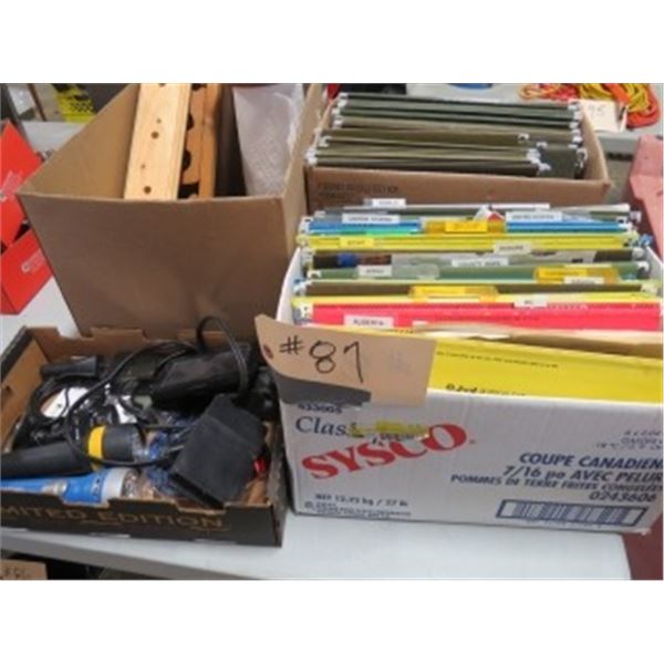 4 BOXES WITH FILES, WOOD CLOCK, GARMIN, RECORDER