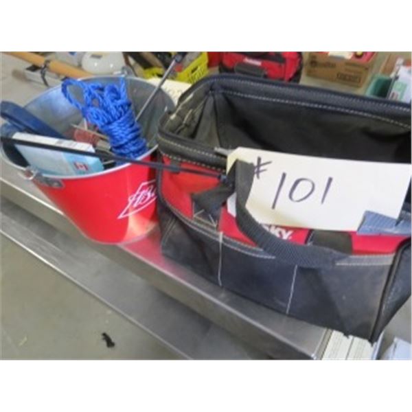 HUSKY TOOL BAG & TOOLS, BUD PAIL C/W TOOLS