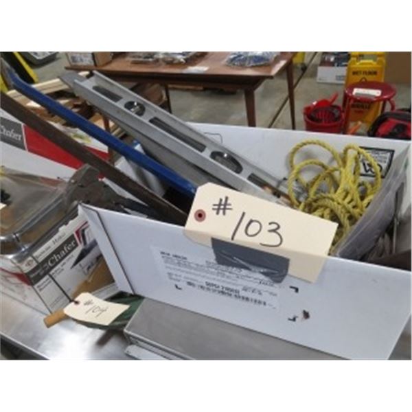 SAW, GOOSE NECK, BOX OF MISC TOOLS