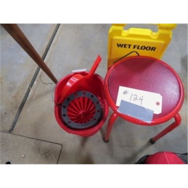 WASH PAIL, STOOL, WET PLOOR SIGN