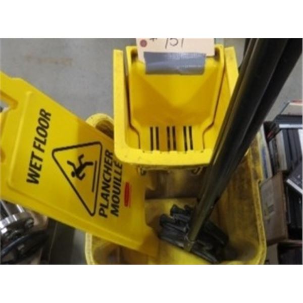 WASH BUCKET & SIGN, 3 MOP HANDLES
