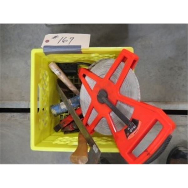 100 M TAPE, PIPE WRENCH, CRATE, ETC