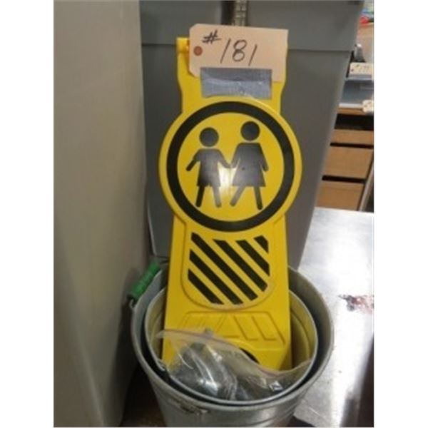 2 METAL PAILS, WHEELS, SIGN, PYLONS