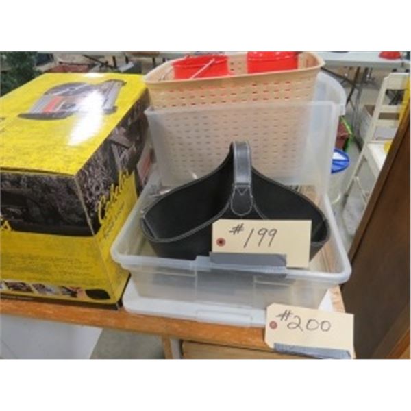 PLASTIC CONTAINERS, FRYING PANS, 2 ORANGE METAL JUGS