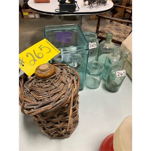 BLUE COLORED GLASS BOTTLES & CLAY JUG