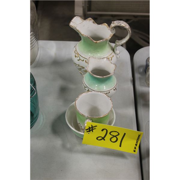 TEACUP, CREAM & SUGAR BOWL, PITCHER (HAS CRACK)