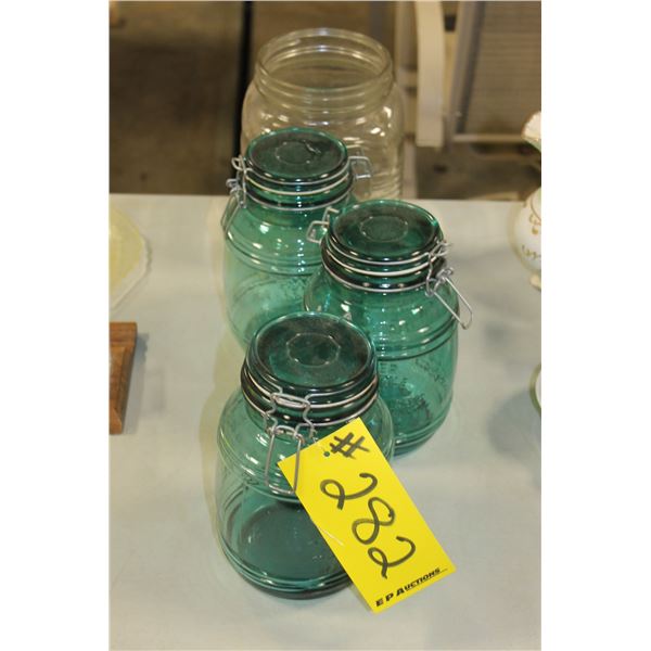3 GREEN CRACKER QUARTS & NABOB JAR