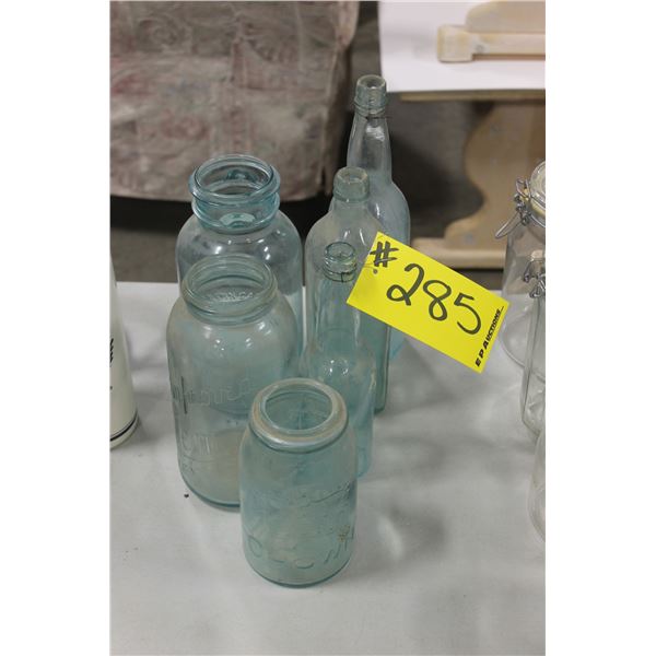 6 BLUE BOTTLES & SEALERS (CROWN, IMPROVED, PERFECT SEAL)