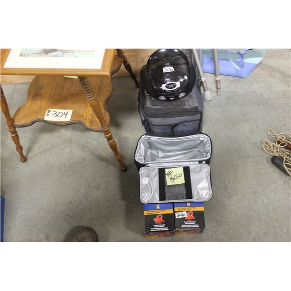 CRUTCHES, BAG, RADIO, 2 SUCTION CUPS, 2 COOLERS, HAT