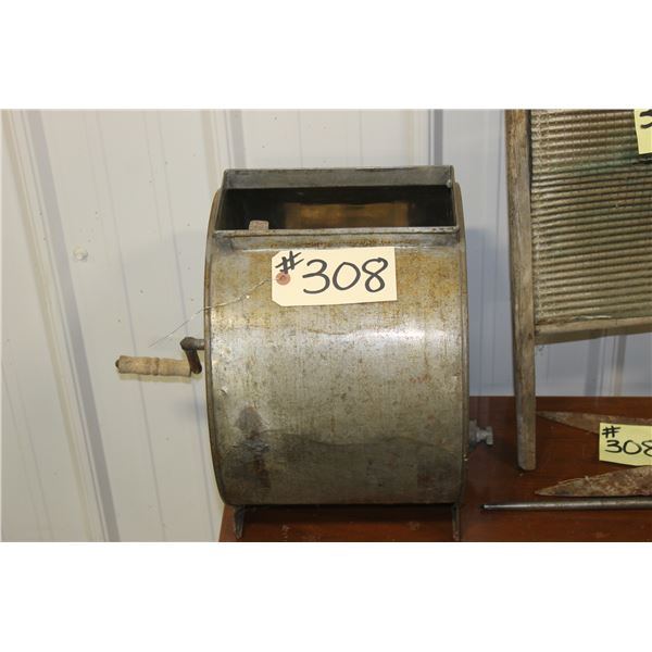 BUTTER CHURN, WASH BOARD, SHEERS & SHARPENER