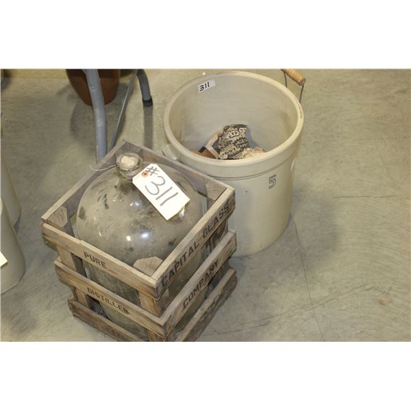 5 GALLON CROCK, CAPITAL GLASS BOTTLE