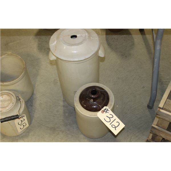 BUTTER CHURN (NO PLUNGER) & WHISKEY CROCK