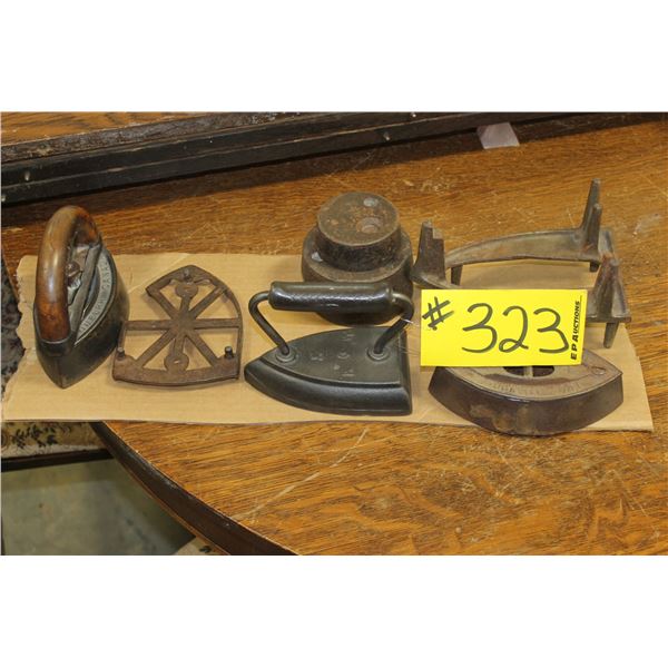 3 IRONS, STAND, 2 TRIVETS & WEIGHTS