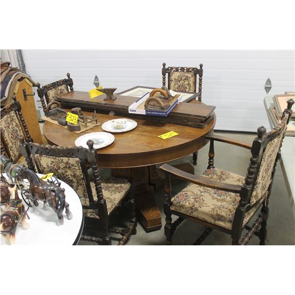 ROUND 54" BROWN TABLE & 5 CHAIRS C/W FIVE 9" LEAFS