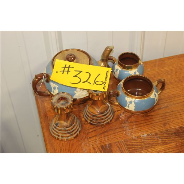 TEA SET & 2 CANDLE STICKS