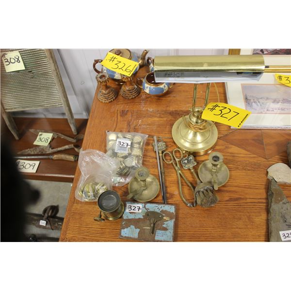 LIGHT, BRASS CANDLE STICKS, LENSE, KEG, PLAYERS BOX, BRASS TONGS