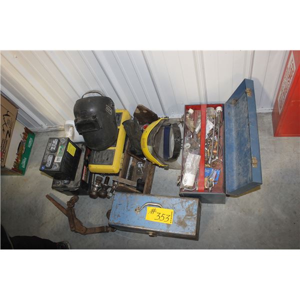 2 BATTERIES, MOLE TRAP, 3 TRAILER BALLS, CHAIN, BOOMER, WELDING HELMET, 3 TOOL BOXES WITH MISCELLANE