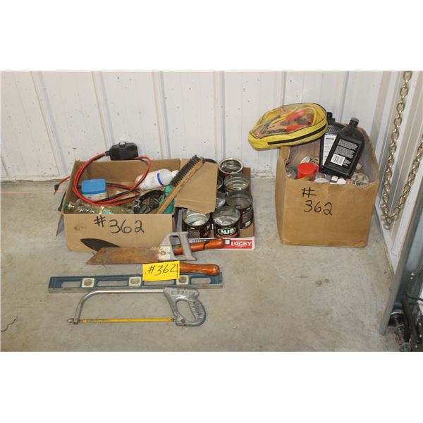 MISCELLANEOUS OILS, PAINTS, LEVEL, NUTS, BOOSTER CABLES, WIRE BRUCHES, WINCH CONTROL