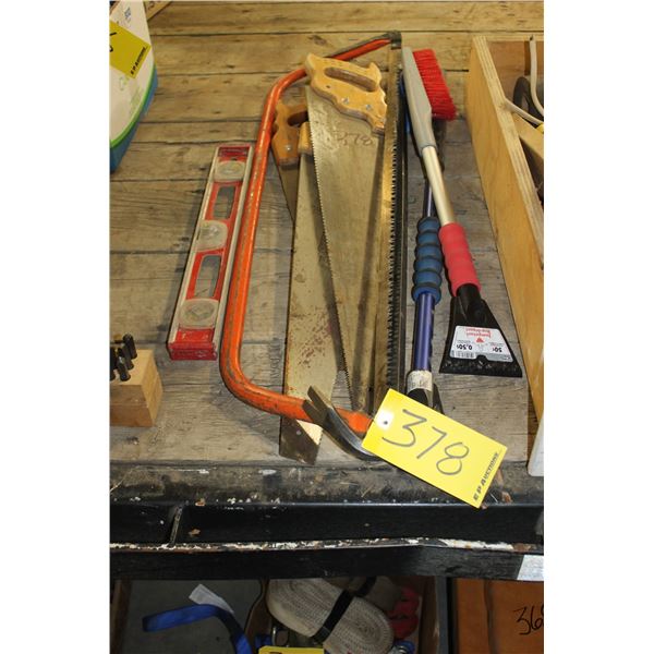 3 HANDSAWS, PRYBAR, LEVEL, SNOW BRUSHES