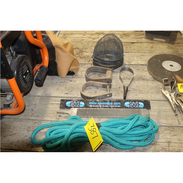 HORSE NOSE GUARDS, BRUSH, WRAPS, GREEN ROPE