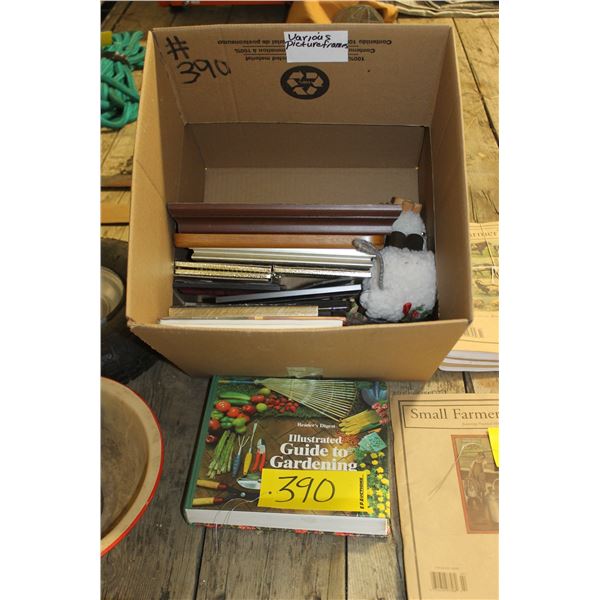 BOX OF PICTURE FRAMES & GARDENING BOOKS