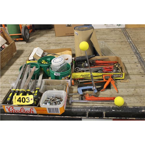 FILES, BOLTS, MAGNETS, ROLL OF BLUE VINYL, PIPE WRENCHES