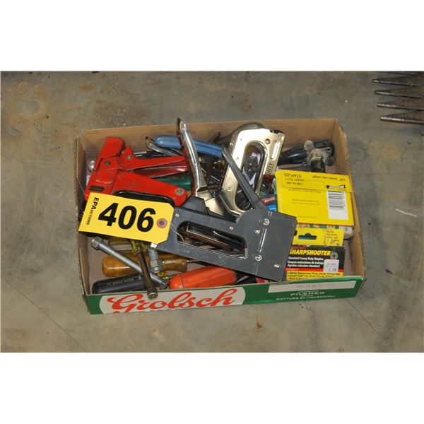 BOX OF STAPLERS & MISCELLANEOUS TOOLS