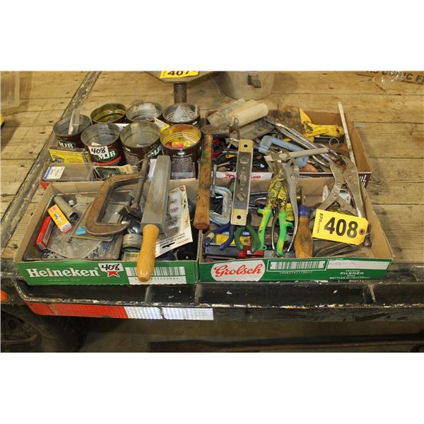 4 BOXES MISCELLANEOUS PLIERS, VICE GRIPS, LEVELS, C-CLAMPS, SHARPENING STONE, CEMENT TROWELS