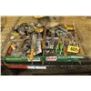 Image 1 : 4 BOXES MISCELLANEOUS PLIERS, VICE GRIPS, LEVELS, C-CLAMPS, SHARPENING STONE, CEMENT TROWELS