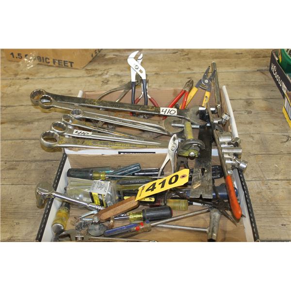 2 BOXES OF WRENCHES, SOCKETS, SCREWDRIVERS