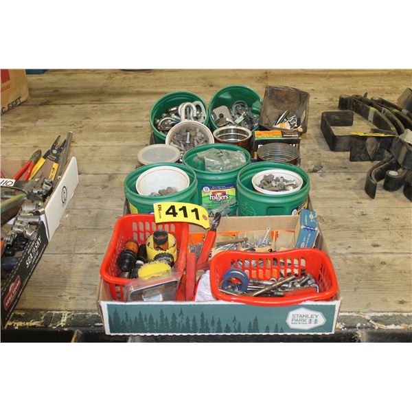 3 BOXES OF DRILL BITS, COTTER PINS, SAW BLADES, SCREWS, CLAMPS, ETC