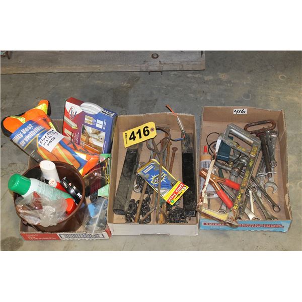 3 BOXES MISCELLANEOUS VESTS & MISCELLANEOUS TOOLS